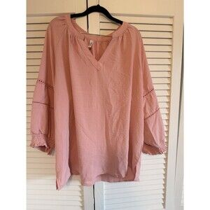 Dokotoo Women's Peasant Top 2XL Light Pink Split Neck Long Sleeve